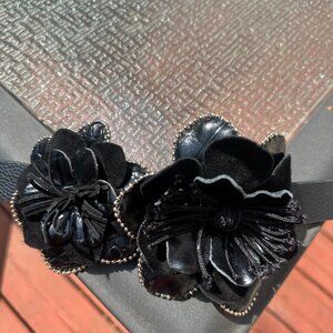 White House Black Market (WHBM) Adjustable Leather Flower Belt Gold Beaded Trim